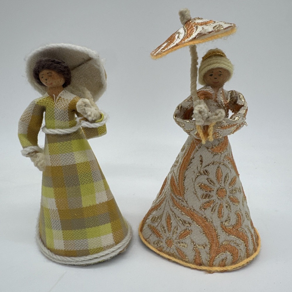 2 Handmade Wooden Clothes Pin Dolls 5" Hand painted Vintage